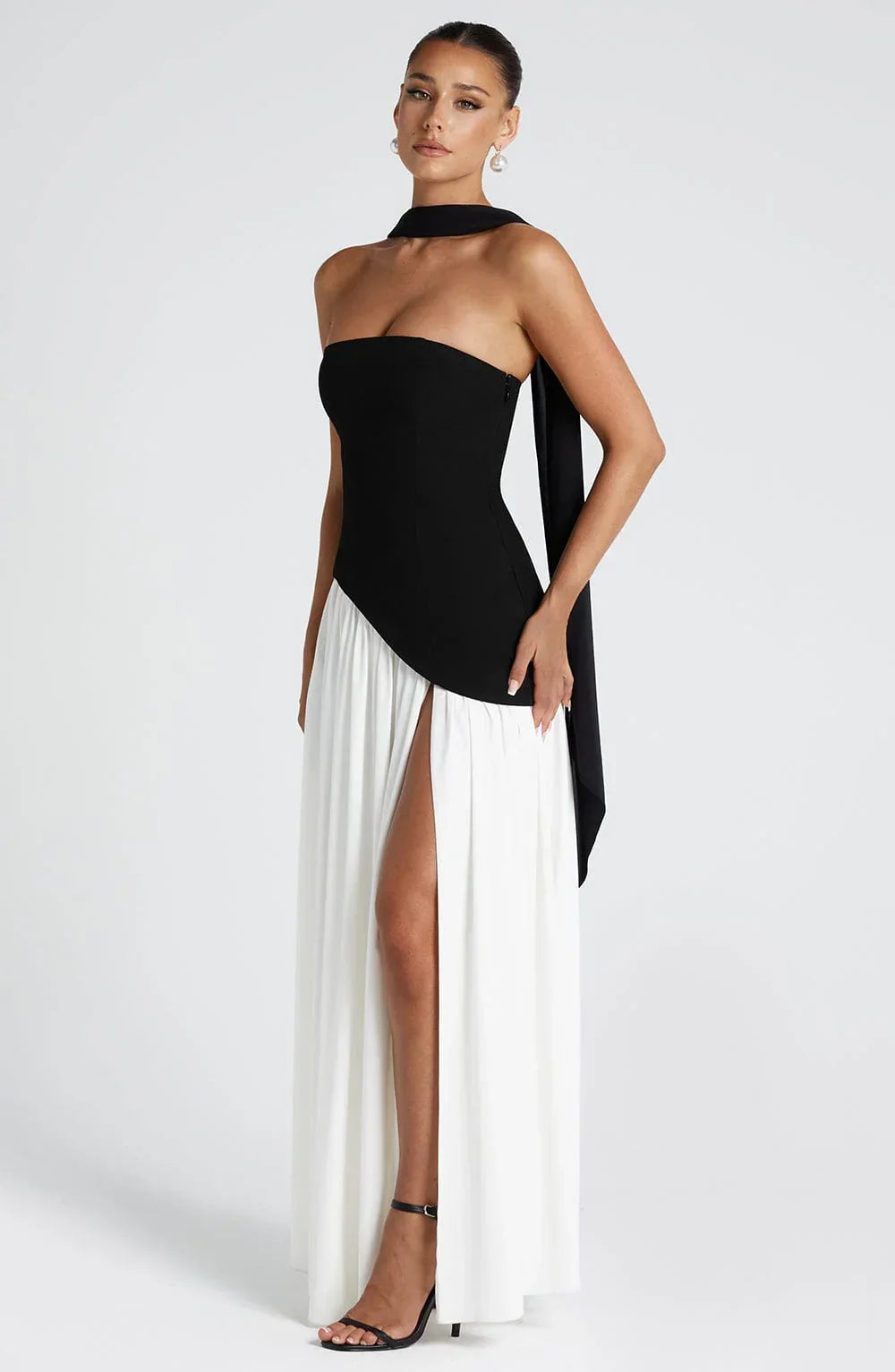 Women's Strapless Corset Bodice Scarf Neck High Slit Maxi Gown