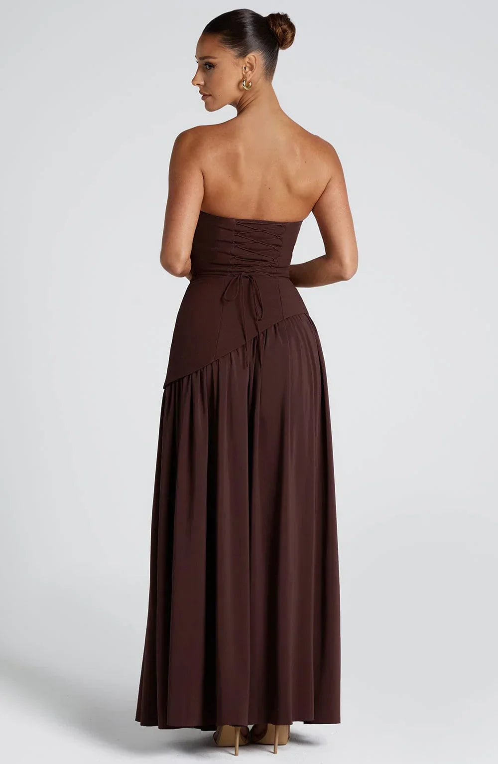 Women's Strapless Corset Bodice Scarf Neck High Slit Maxi Gown
