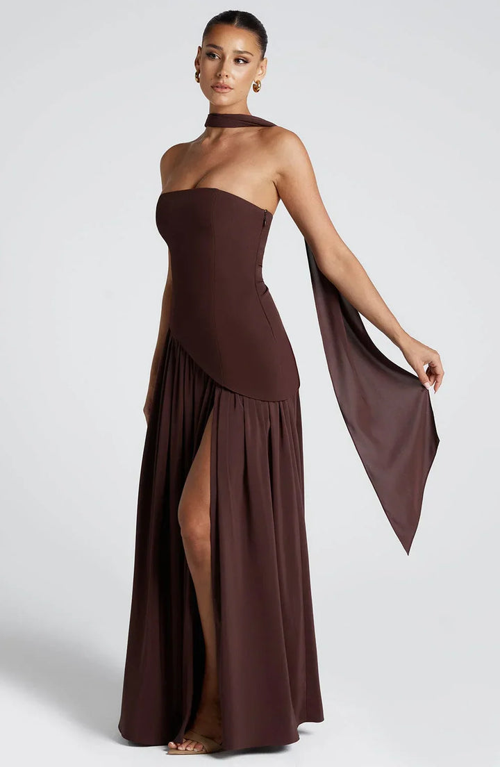 Women's Strapless Corset Bodice Scarf Neck High Slit Maxi Gown