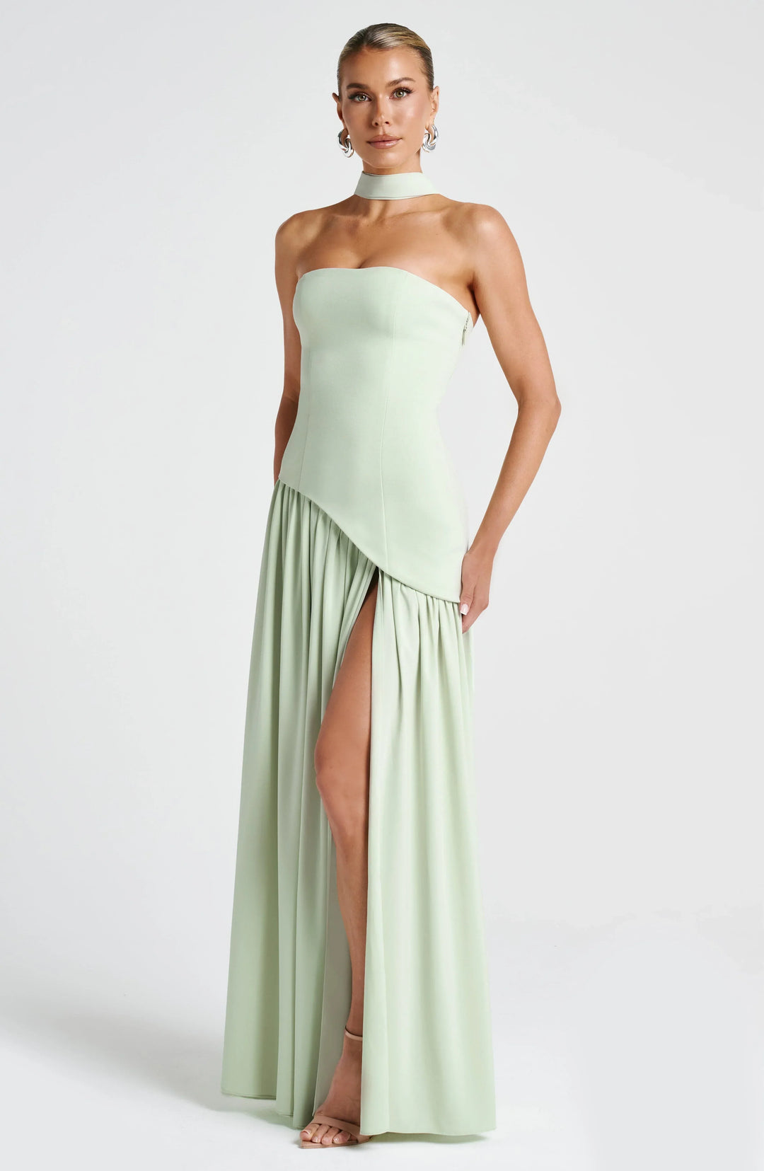 Women's Strapless Corset Bodice Scarf Neck High Slit Maxi Gown