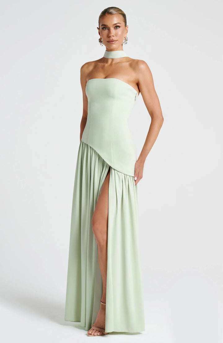 Women's Strapless Corset Bodice Scarf Neck High Slit Maxi Gown