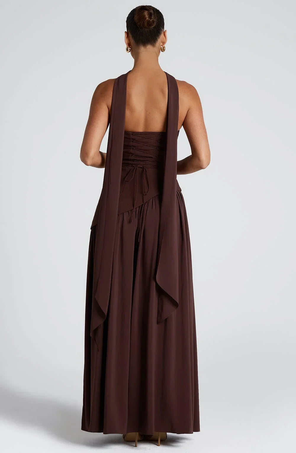 Women's Strapless Corset Bodice Scarf Neck High Slit Maxi Gown