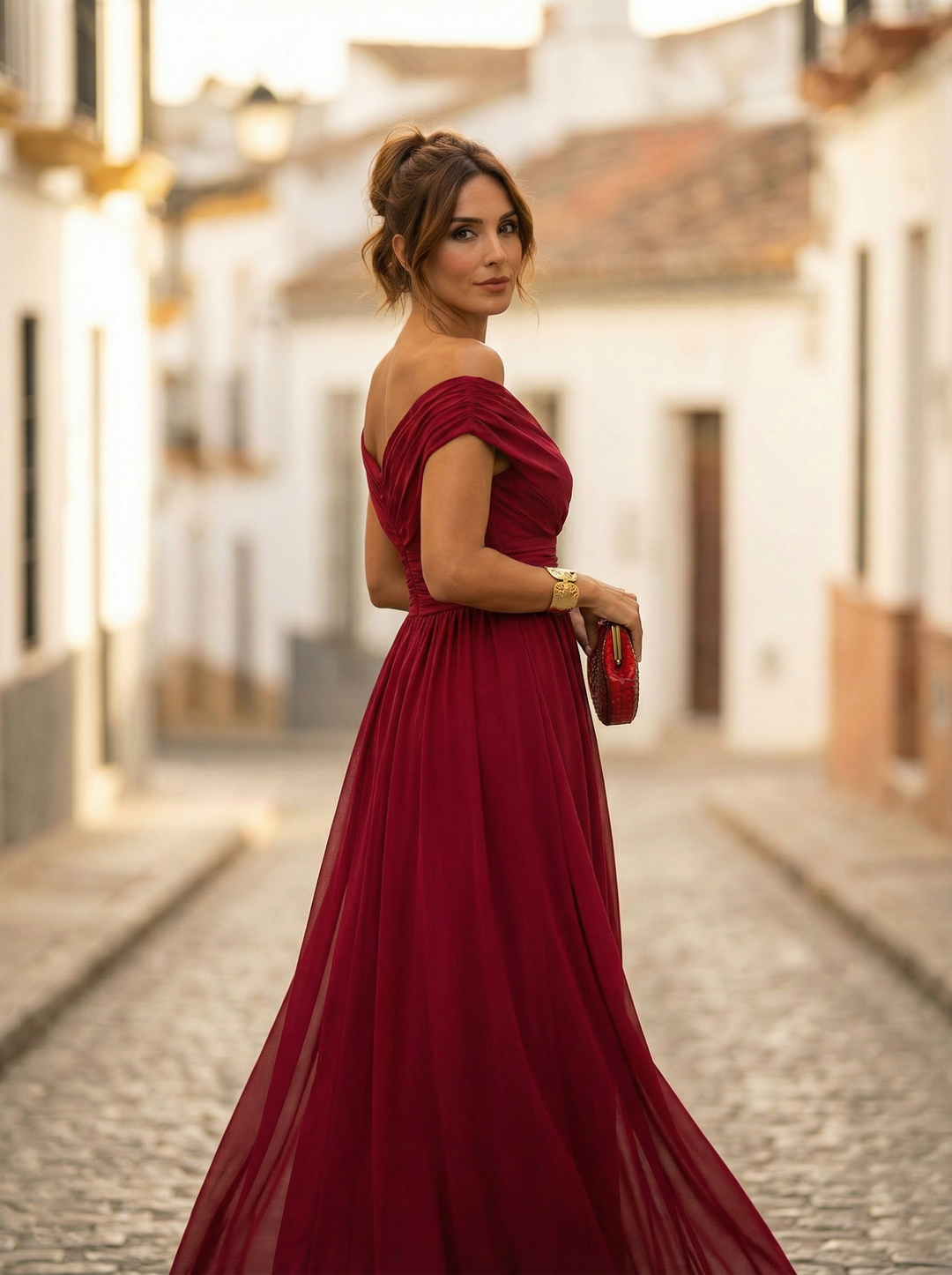 Women's Off Shoulder Chiffon Maxi Dress Ruched Wedding Guest
