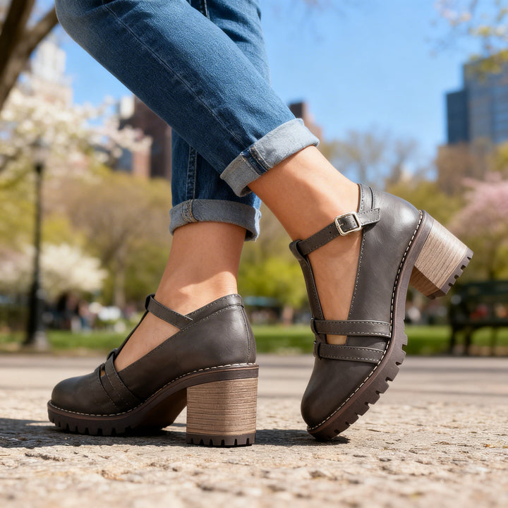 Women's Buckle Strap Block Heel Loafer Lug Sole Retro
