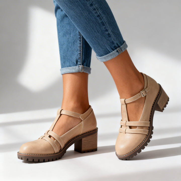 Women's Buckle Strap Block Heel Loafer Lug Sole Retro