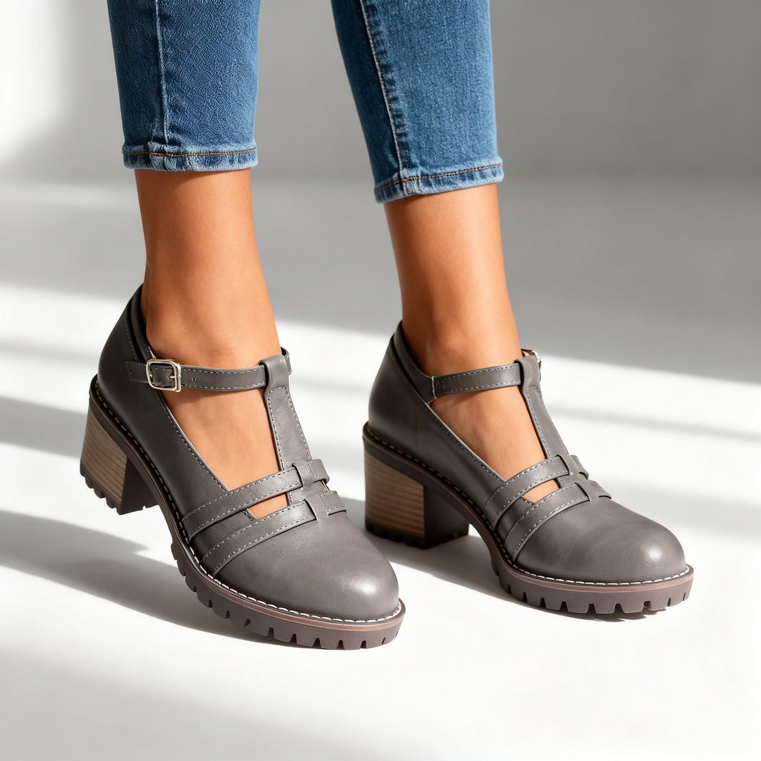 Women's Buckle Strap Block Heel Loafer Lug Sole Retro