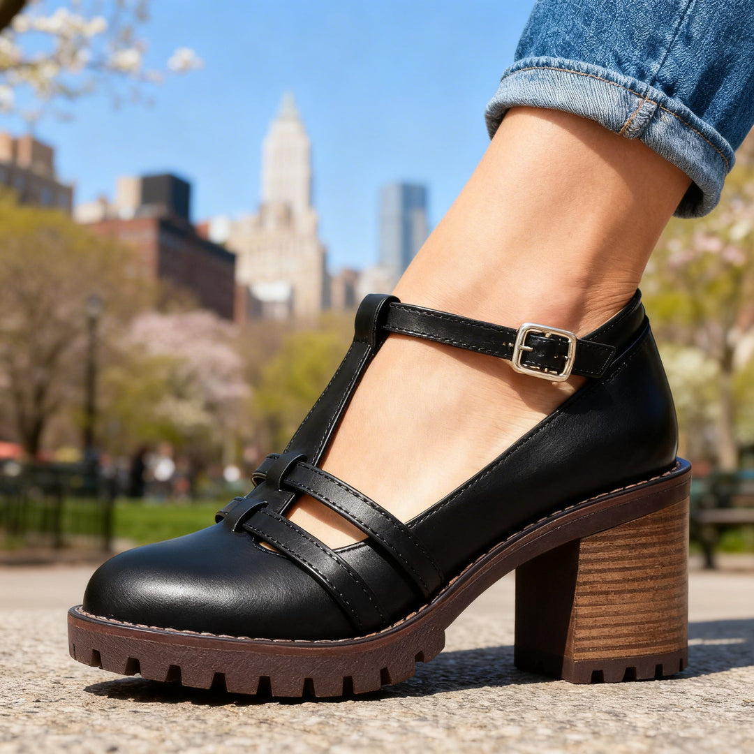 Women's Buckle Strap Block Heel Loafer Lug Sole Retro