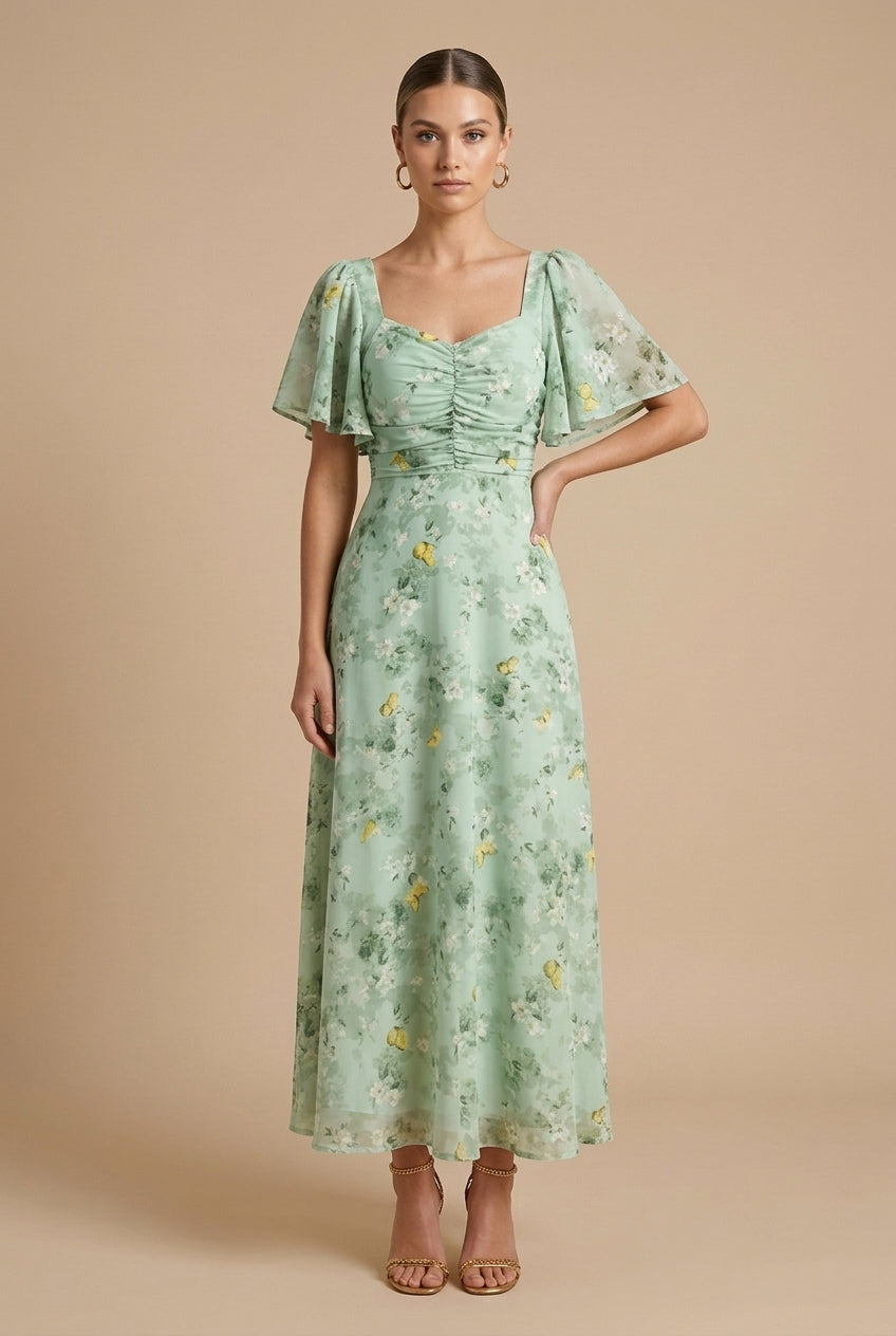 Women's Printed Floral Maxi Dress with Square Neck and Flutter Sleeves