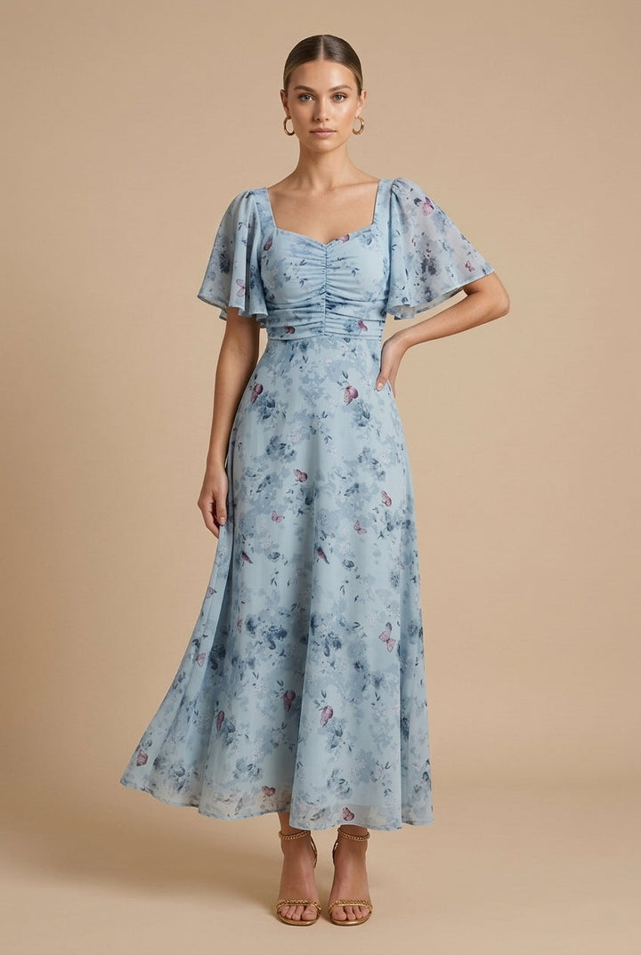 Women's Printed Floral Maxi Dress with Square Neck and Flutter Sleeves