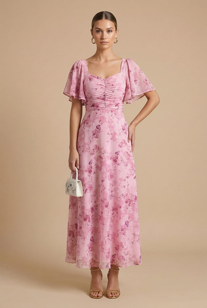 Women's Printed Floral Maxi Dress with Square Neck and Flutter Sleeves