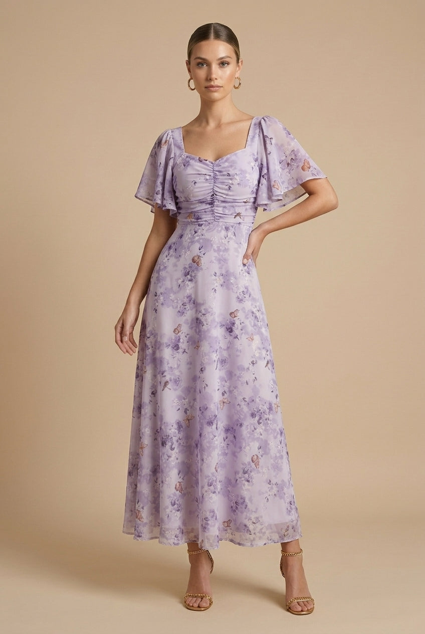 Women's Printed Floral Maxi Dress with Square Neck and Flutter Sleeves