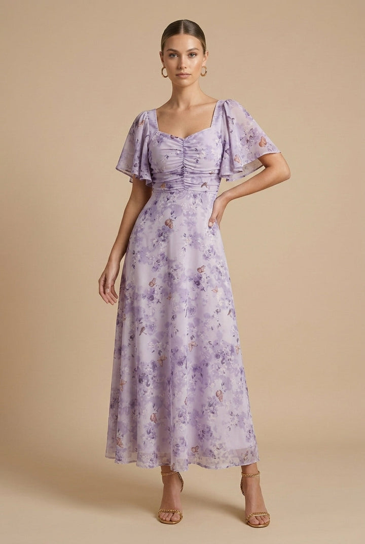 Women's Printed Floral Maxi Dress with Square Neck and Flutter Sleeves