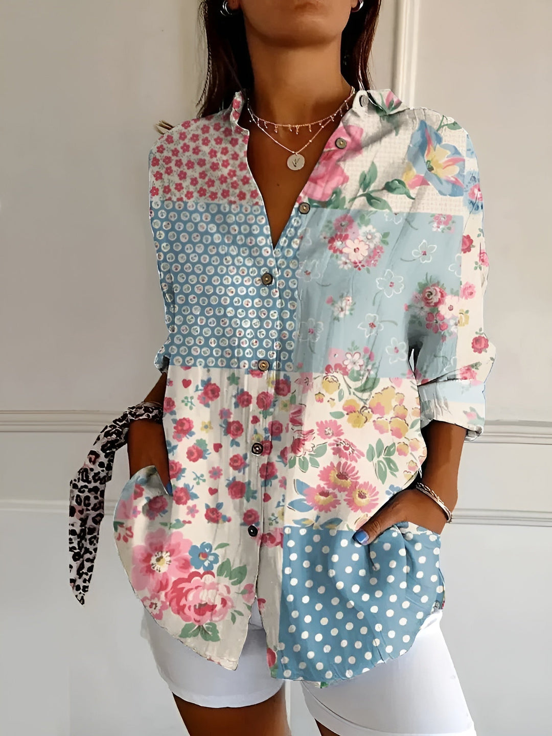 Women's Floral Print Long Sleeve Button Collared Blouse