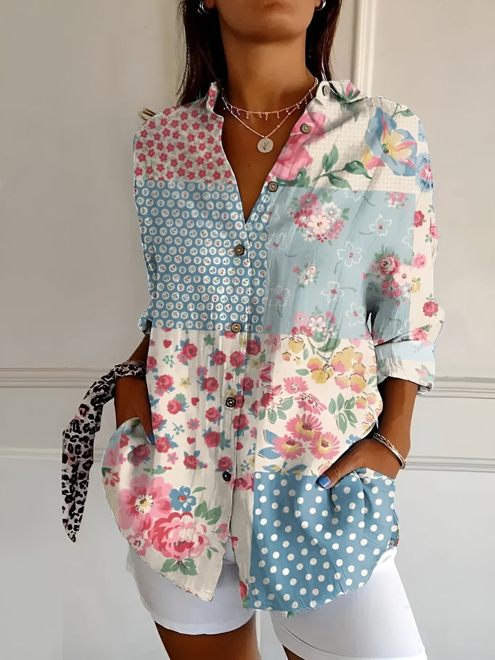 Women's Floral Print Long Sleeve Button Collared Blouse