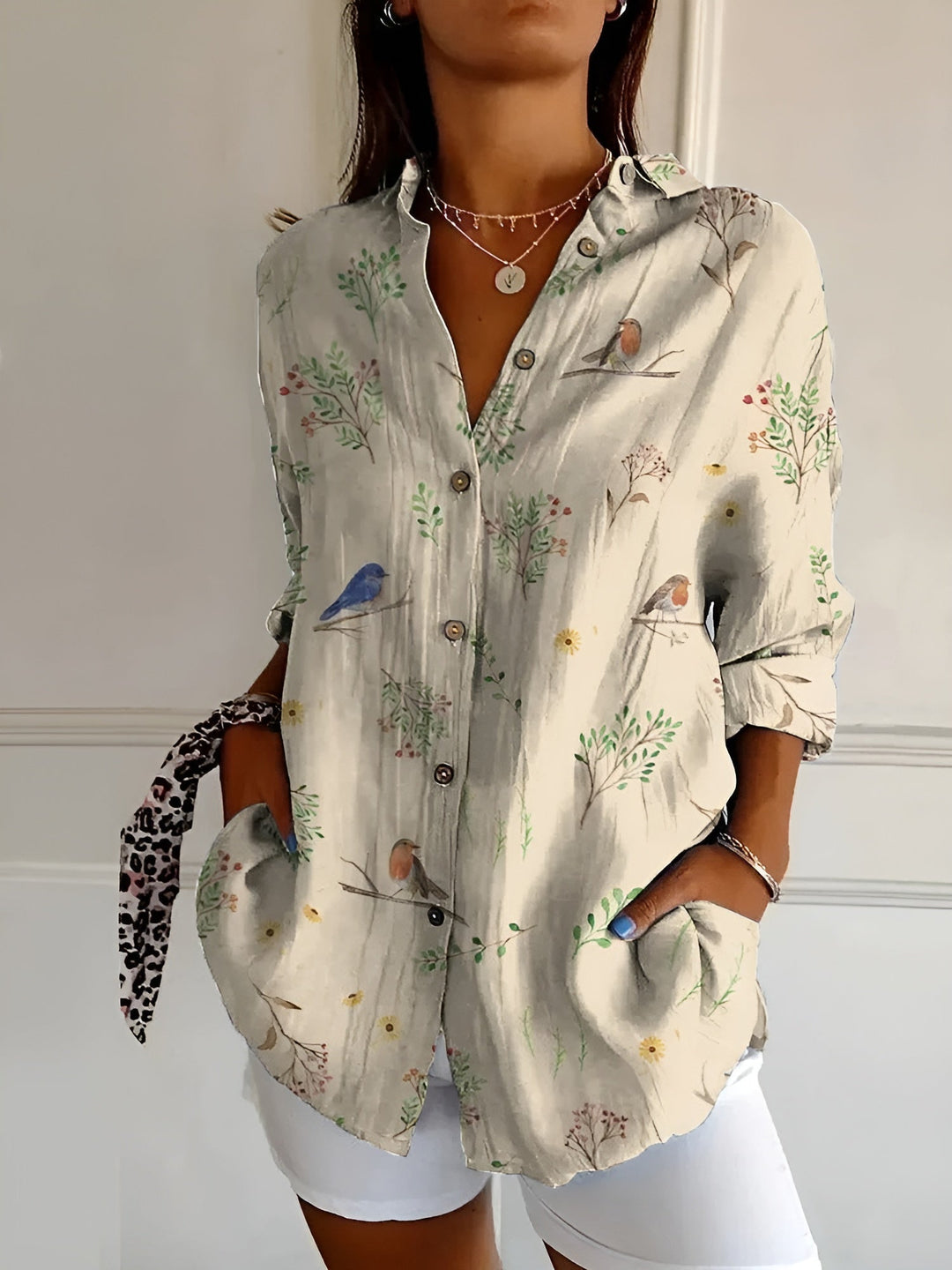 Women's Floral Print Long Sleeve Button Collared Blouse