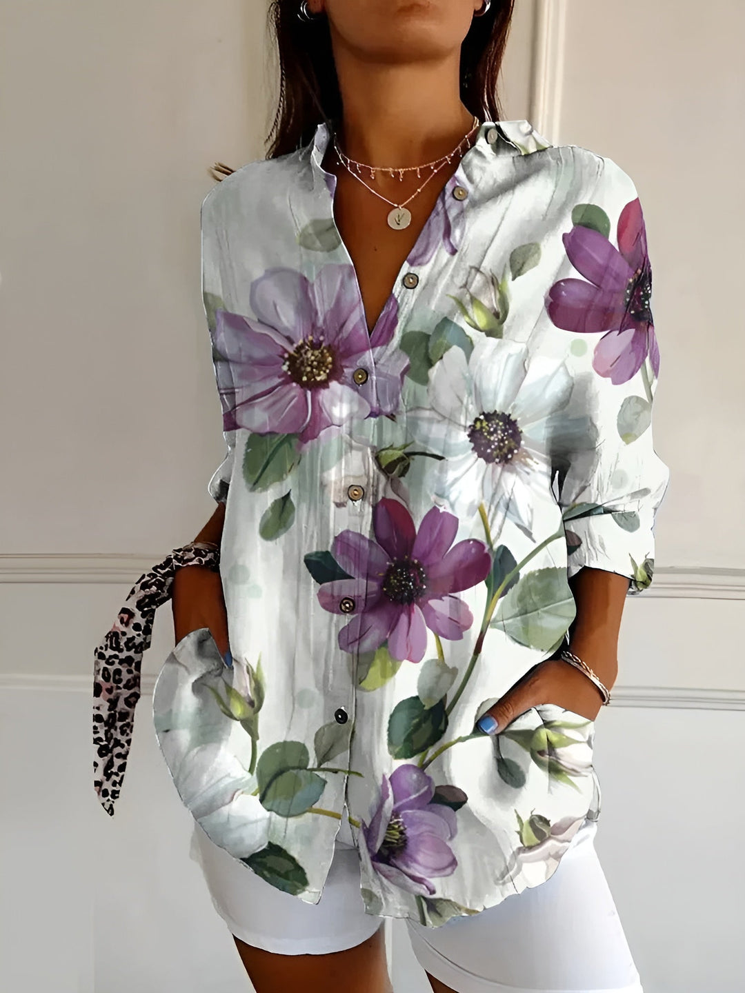 Women's Floral Print Long Sleeve Button Collared Blouse