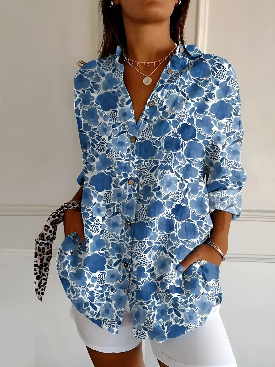 Women's Floral Print Long Sleeve Button Collared Blouse