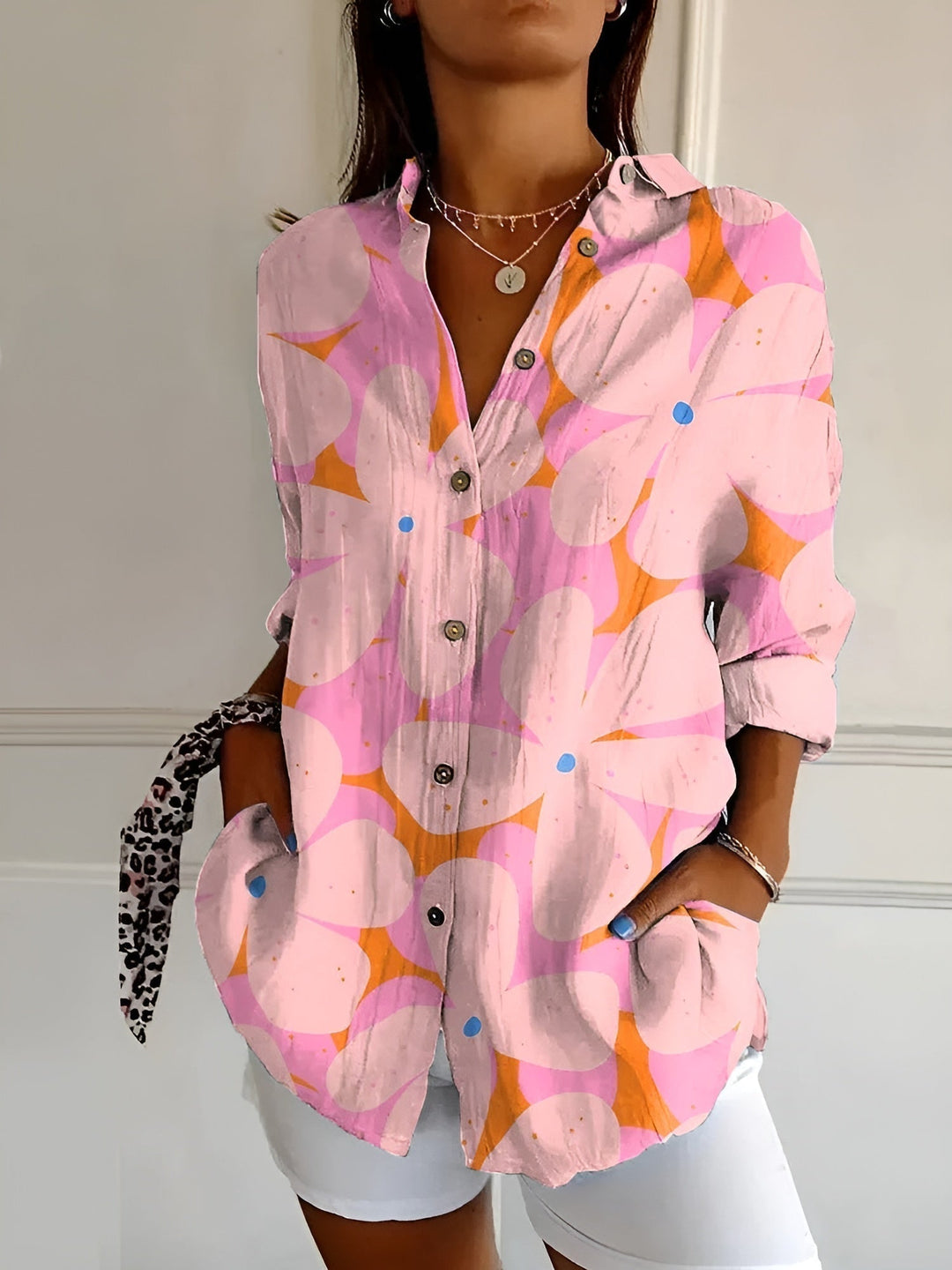 Women's Floral Print Long Sleeve Button Collared Blouse