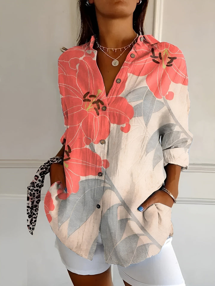 Women's Floral Print Long Sleeve Button Collared Blouse