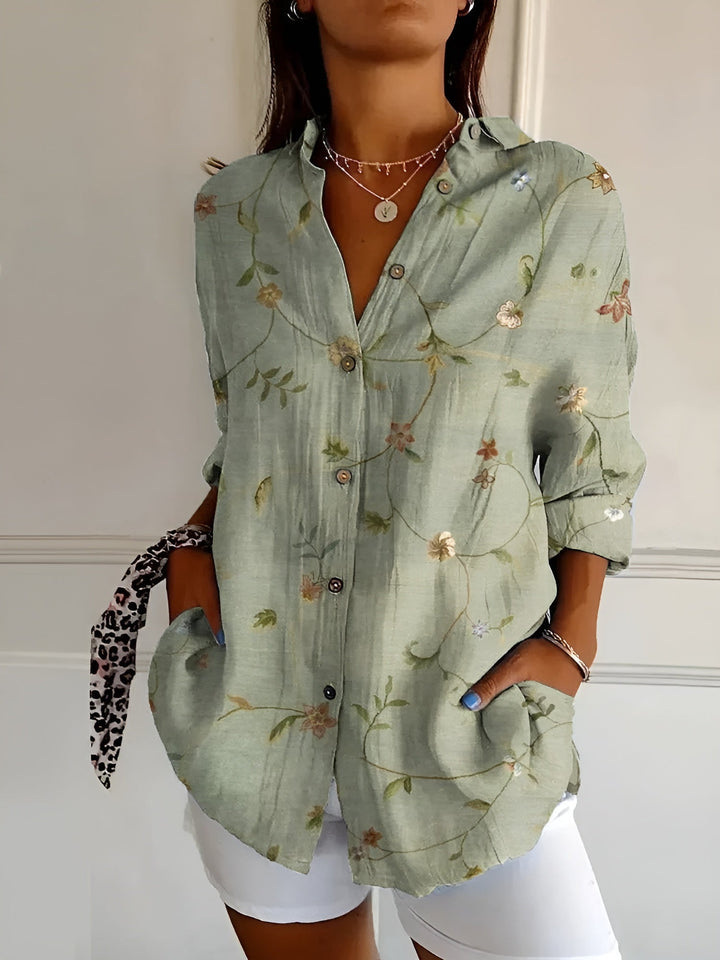 Women's Floral Print Long Sleeve Button Collared Blouse