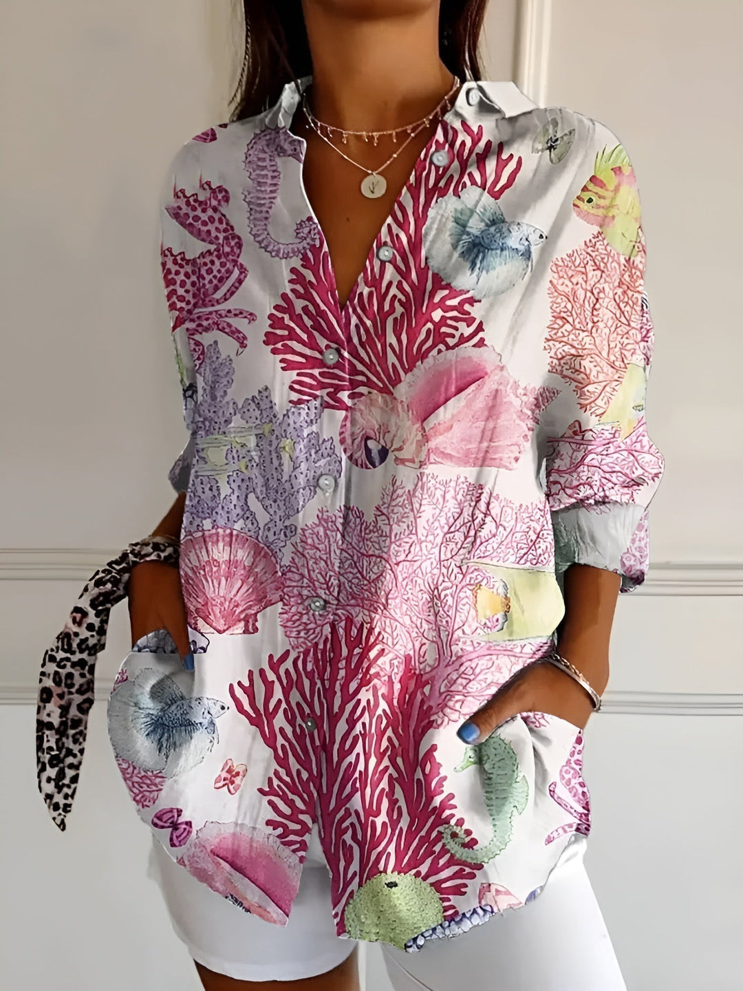 Women's Floral Print Long Sleeve Button Collared Blouse