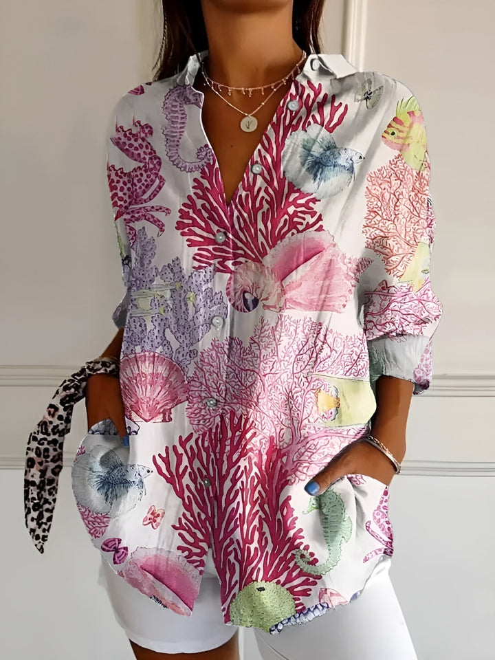 Women's Floral Print Long Sleeve Button Collared Blouse