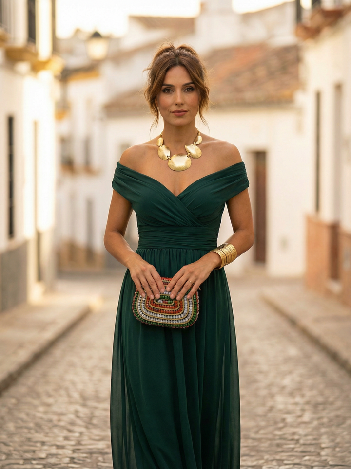Women's Off Shoulder Chiffon Maxi Dress Ruched Wedding Guest