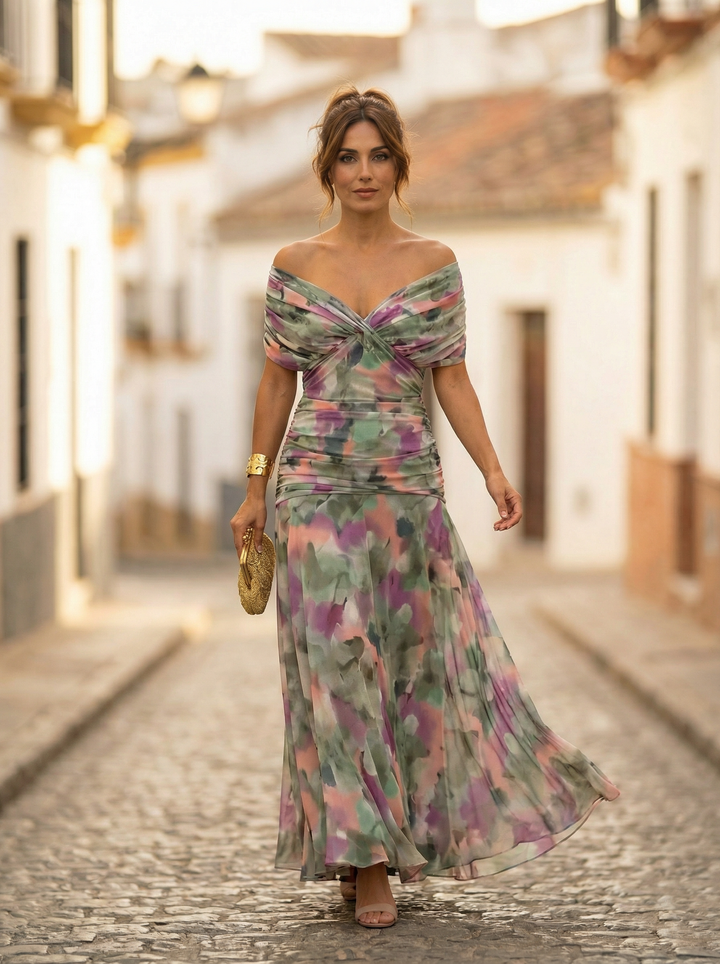Women's Off Shoulder Chiffon Maxi Dress Ruched Wedding Guest