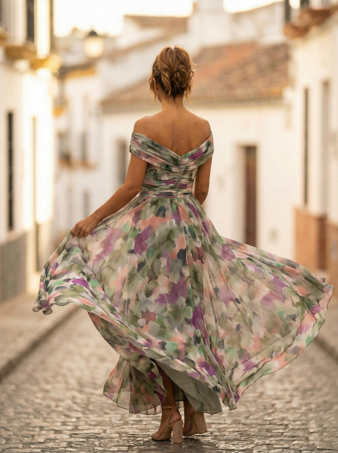 Women's Off Shoulder Chiffon Maxi Dress Ruched Wedding Guest