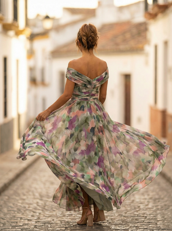 Women's Off Shoulder Chiffon Maxi Dress Ruched Wedding Guest