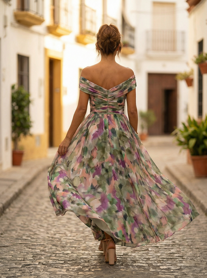 Women's Off Shoulder Chiffon Maxi Dress Ruched Wedding Guest
