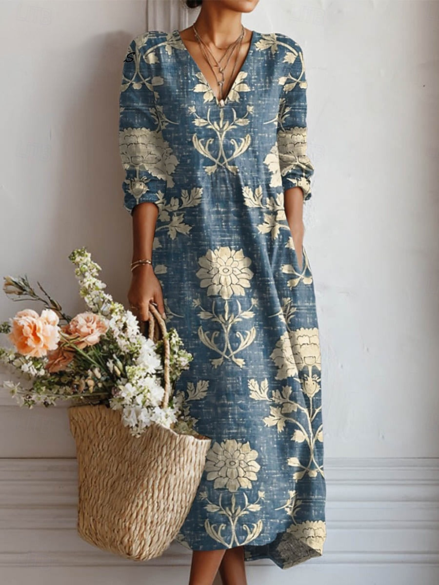 Women's Boho Printed Floral Maxi Dress with V-Neck and Long Sleeves
