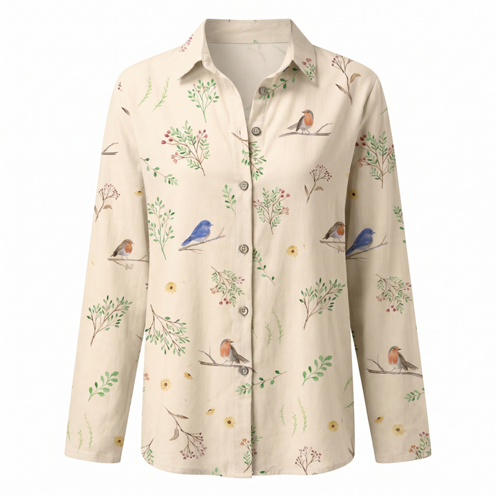 Women's Floral Print Long Sleeve Button Collared Blouse