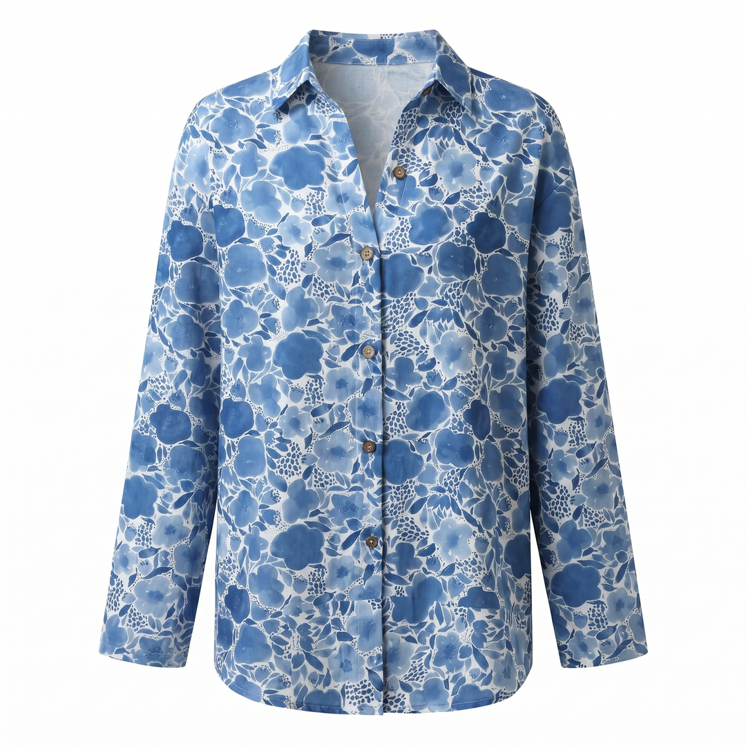 Women's Floral Print Long Sleeve Button Collared Blouse