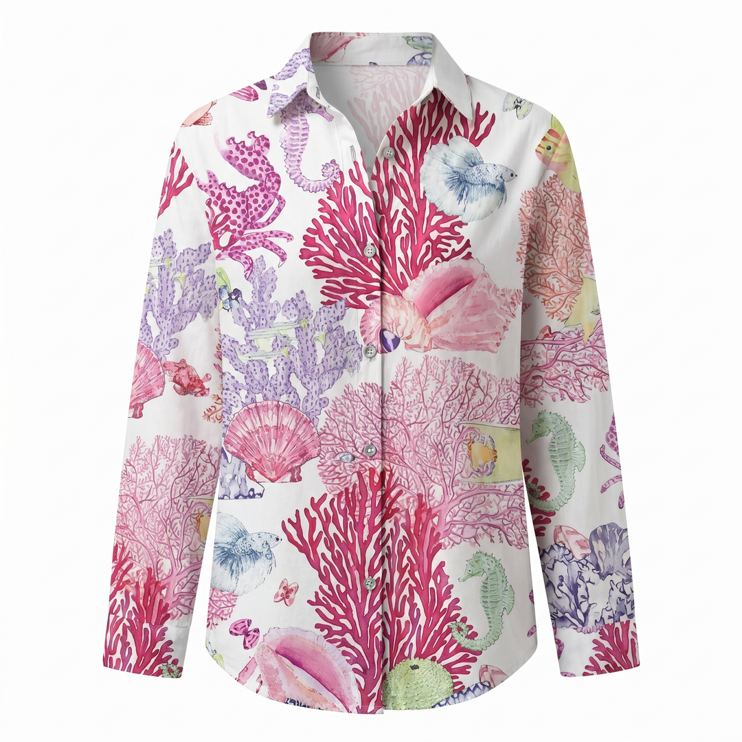 Women's Floral Print Long Sleeve Button Collared Blouse