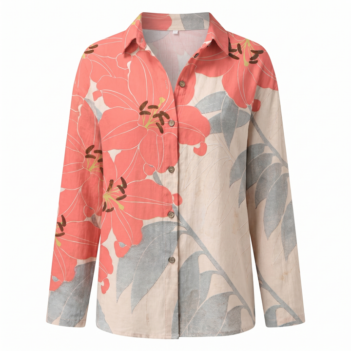 Women's Floral Print Long Sleeve Button Collared Blouse