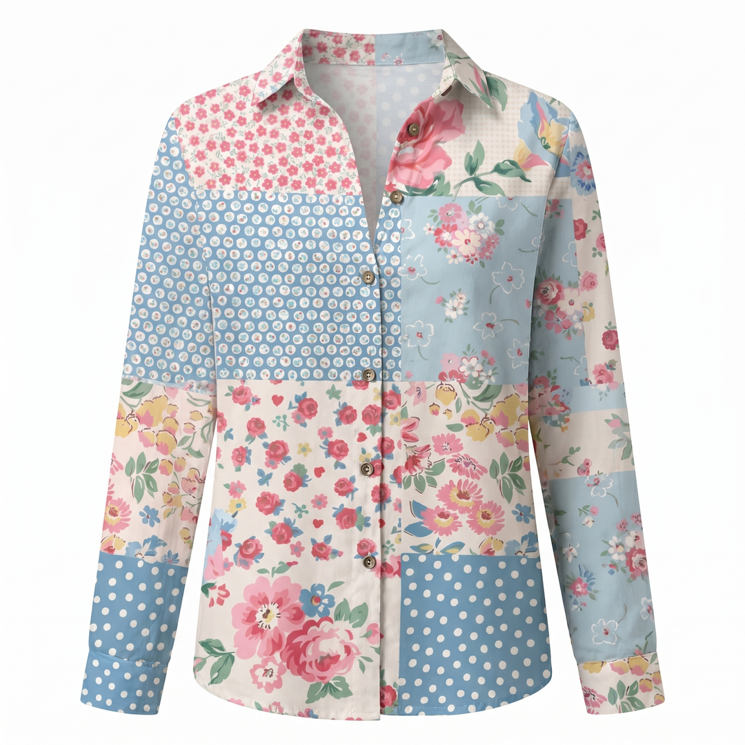 Women's Floral Print Long Sleeve Button Collared Blouse