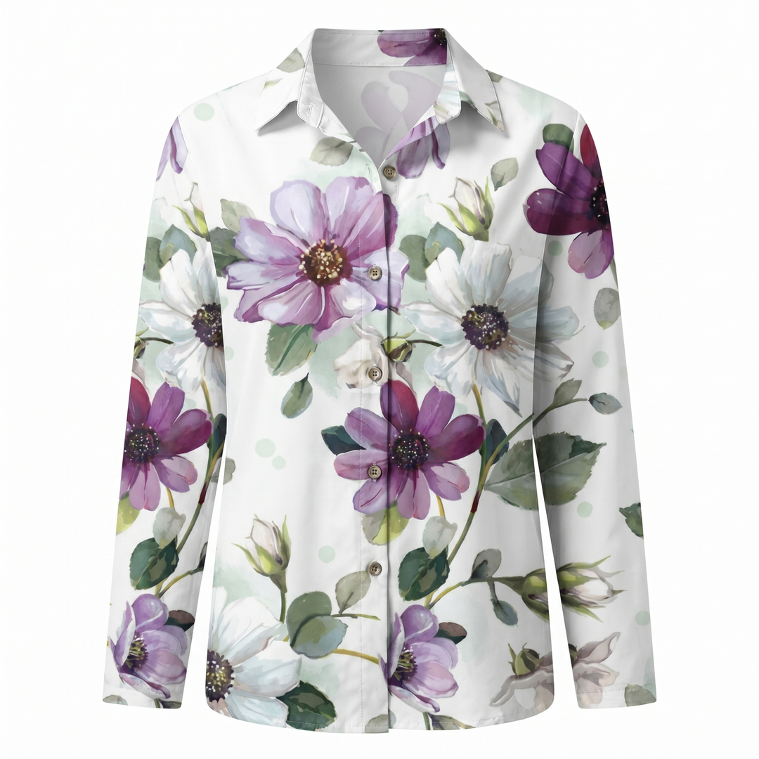 Women's Floral Print Long Sleeve Button Collared Blouse
