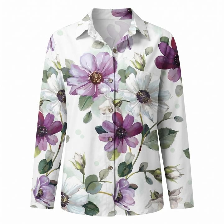 Women's Floral Print Long Sleeve Button Collared Blouse