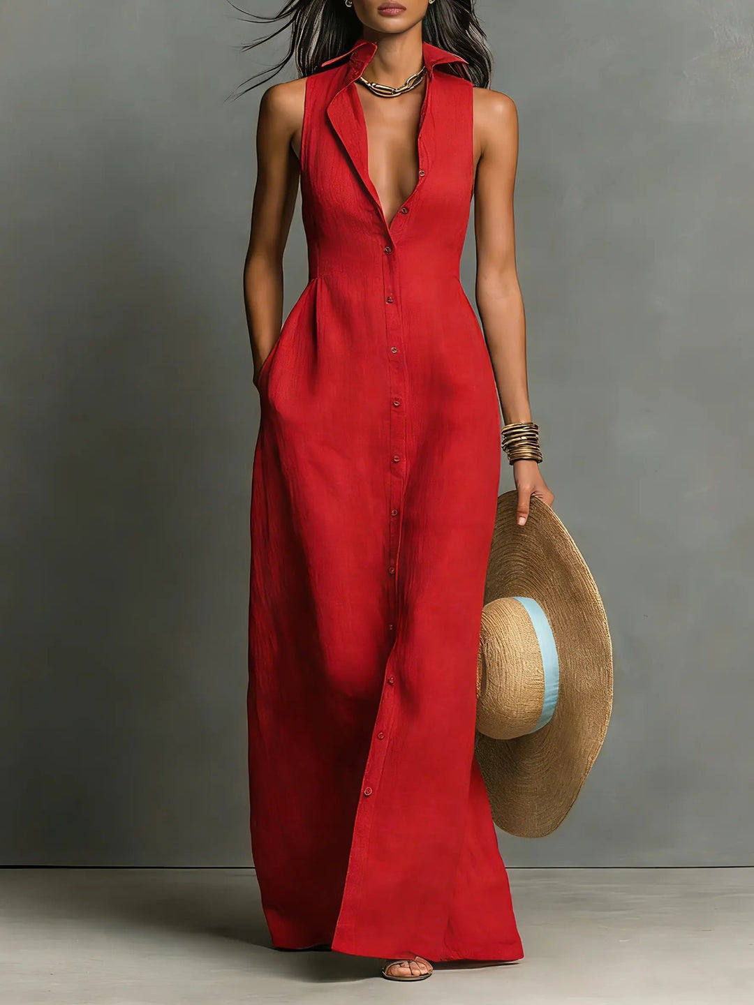 Linen Sleeveless Maxi Shirt Dress for Women