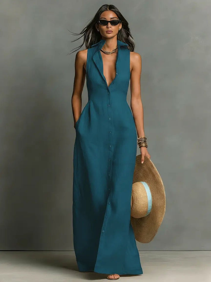Linen Sleeveless Maxi Shirt Dress for Women