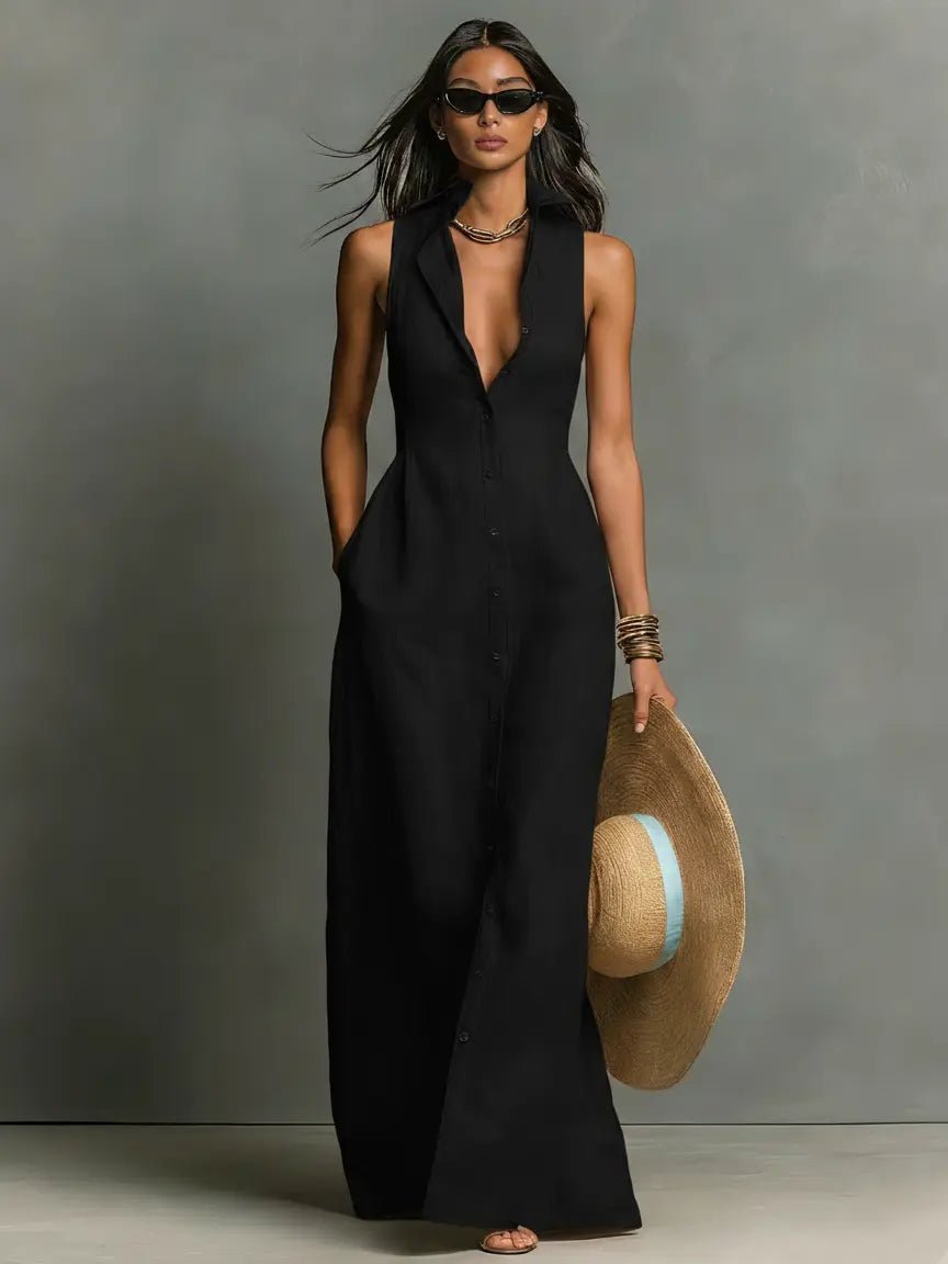 Linen Sleeveless Maxi Shirt Dress for Women