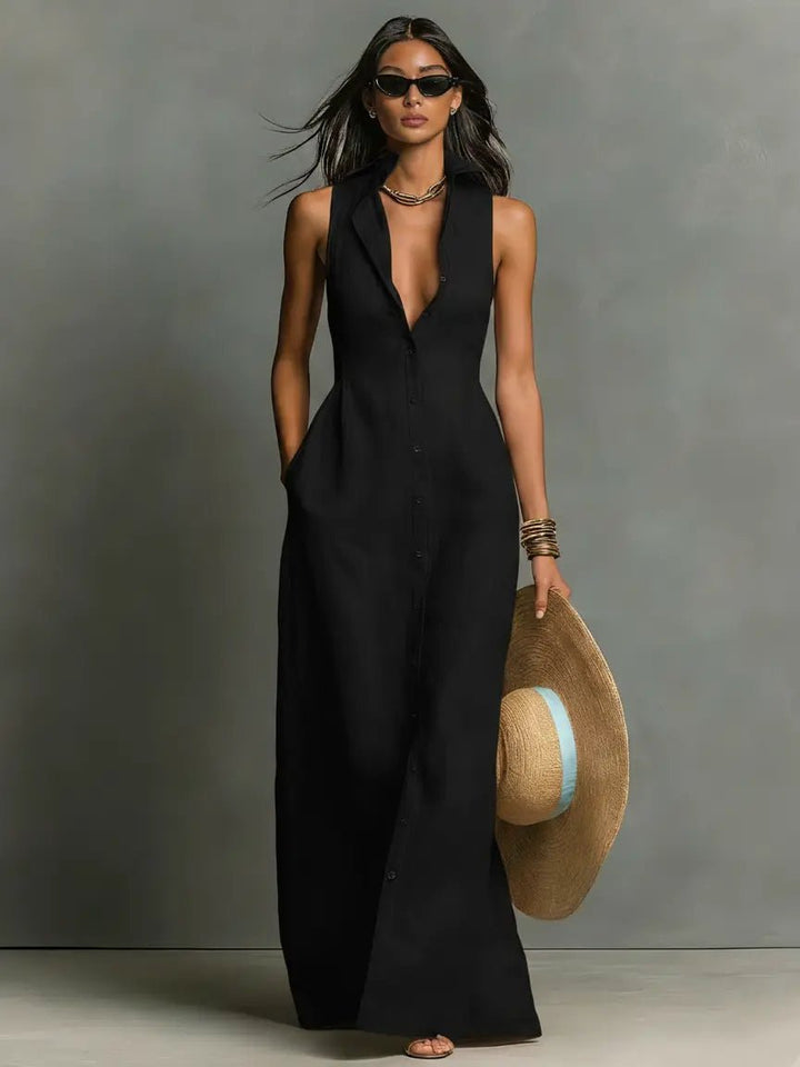 Linen Sleeveless Maxi Shirt Dress for Women