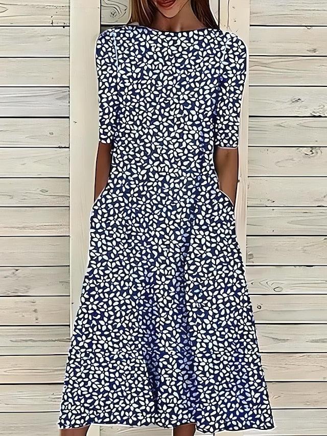 Leaf Print Midi Dress Round Neck Short Sleeve A-Line